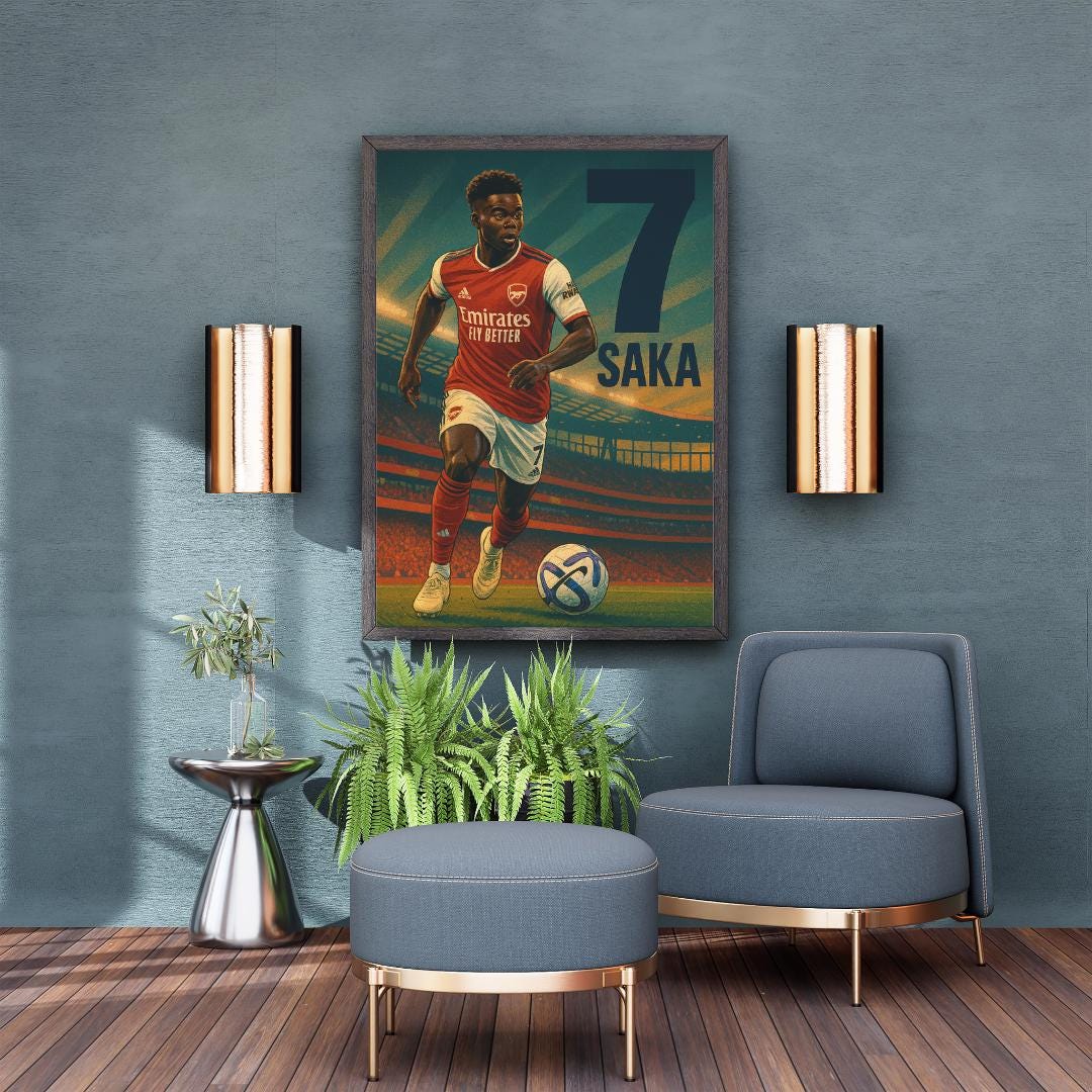 Bukayo Saka Arsenal Poster – 2024/25 Kit | Vintage Football Wall Art | Emirates Stadium Print | Saka No.7 Gift for Gooners