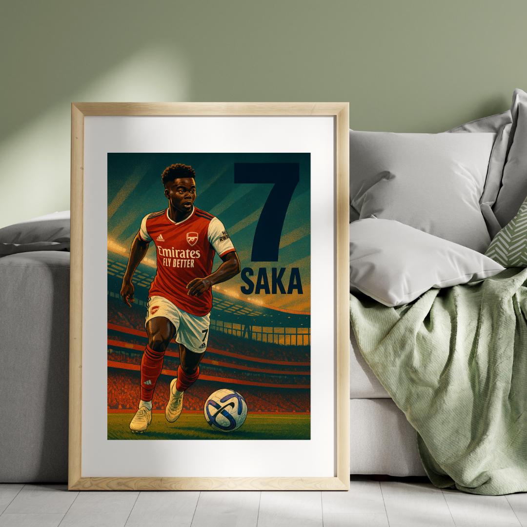 Bukayo Saka Arsenal Poster – 2024/25 Kit | Vintage Football Wall Art | Emirates Stadium Print | Saka No.7 Gift for Gooners