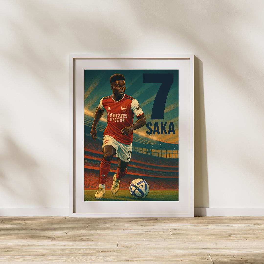 Bukayo Saka Arsenal Poster – 2024/25 Kit | Vintage Football Wall Art | Emirates Stadium Print | Saka No.7 Gift for Gooners