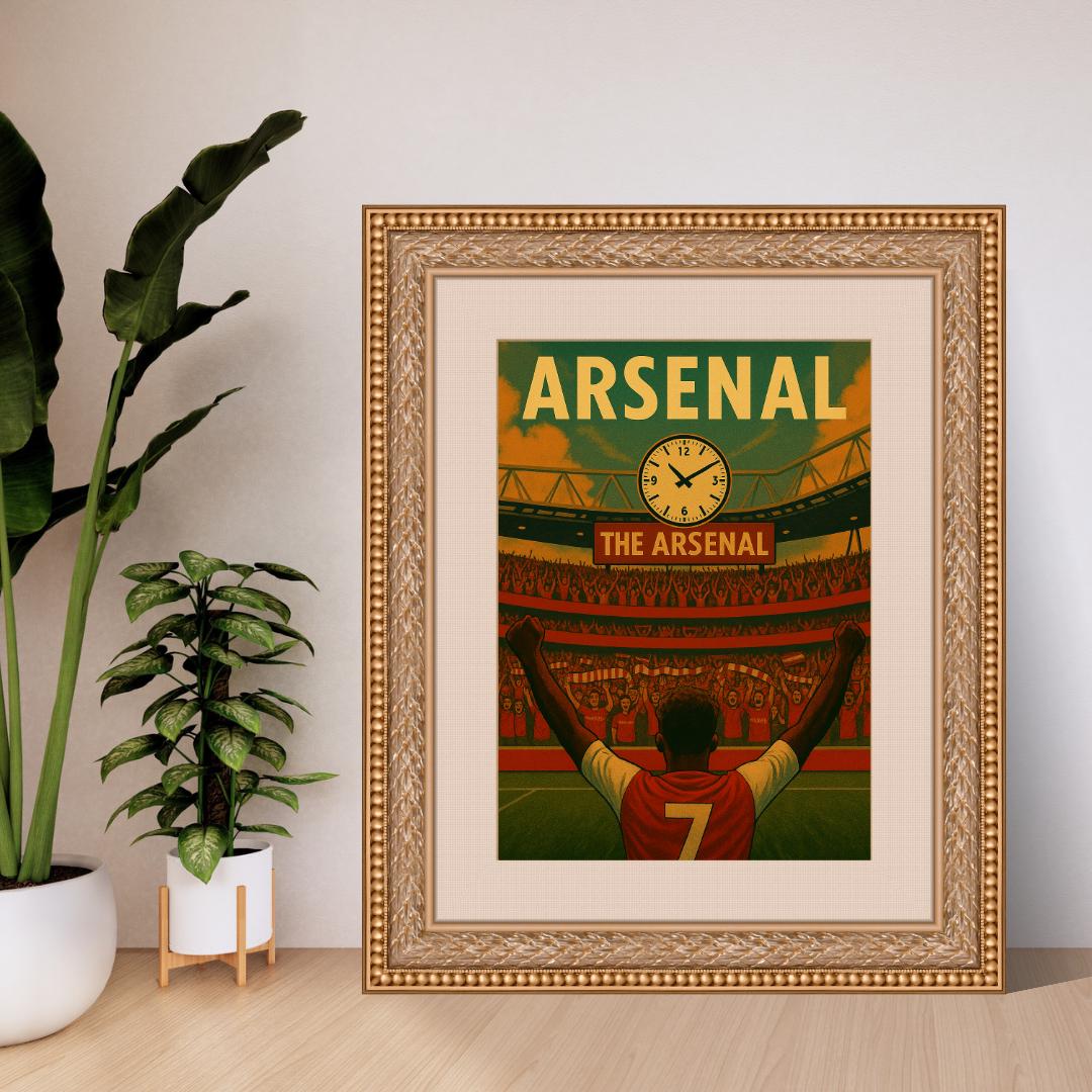 Bukayo Saka Clock End Poster – Arsenal Goal Celebration Wall Art | Emirates Stadium Print | Vintage Football Gift for Gooners