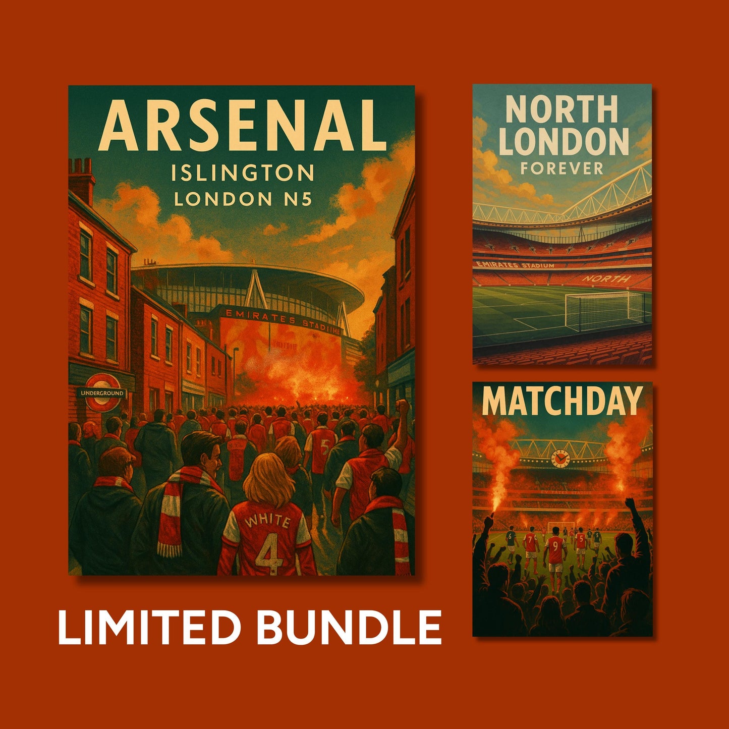 Limited Edition Arsenal Matchday A3 Posters Bundle – Emirates Stadium Print | North London Football Art | 24 Hour Drop | Arsenal Fan Gift
