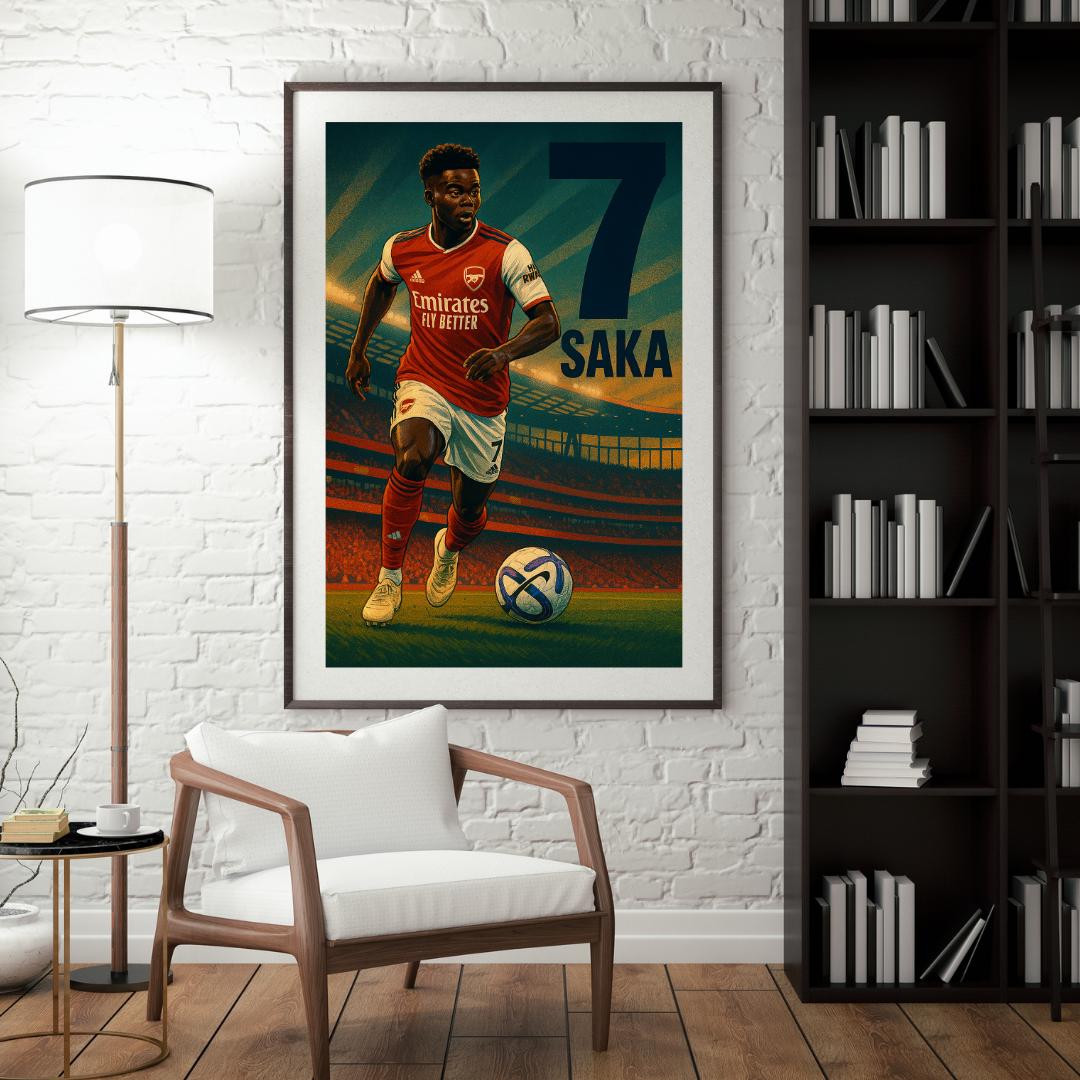 Bukayo Saka Arsenal Poster – 2024/25 Kit | Vintage Football Wall Art | Emirates Stadium Print | Saka No.7 Gift for Gooners